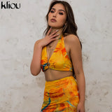 Kliou Tie Dry Two Piece Set Women 2021 Sexy Halter Sequined Beachwear Cleavage Crop Top+Mini Skirt Suit Female платье