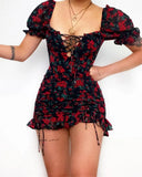 hirigin Summer Short Sleeve Bodycon Dress Women Sexy Square Collar Lace-up Bow Mini Dress Retro Floral Print Ruffle Party