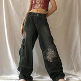 and American retro hipster pocket print hit color mid-waist loose jeans y2k washed distressed loose tooling jeans