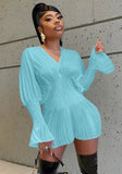 Sweet V-neck Full Sleeves Solid Pleated Mini A-line Club