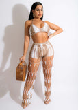 Block Knit Rib 2 Piece Set Summer Beach Wear Sexy Crochet Fishnet Lace Up Bra Crop Top + Pants Club Oufits Tracksuit Women-Outfit