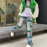 high street hip hop flocking letters BF design sense niche jeans womens American personality street high waist jeans