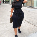 Piece Casual Solid Dress Suits Short Sleeve Crop Top & Bodycon Miid Skirt Set-Outfit