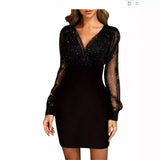 Woherb Women's New Mesh Patchwork Sexy Vintage Elegant V-Neck Party Club Dress-Outfit