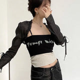 Gothic Cloak Womne Long Sleeve Crop Top Bow Design Black Cape + Patchwork Tank Top Two Piece Set Korean Style Sexy