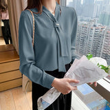 Spring New Fashion Chiffon Women Blouse Office Lady Long Sleeve Solid Women Shirts with Tie V Neck Loose Female