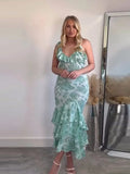 Floral Printed Ruffles A-line Skims Dress For Women Sexy V-neck Spaghetti Strap Robe 2023 Summer Casual Beach Sundress-Outfit