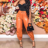 Women Casual Drawstring PU Leather Pants Chic Slim Trousers-Outfit