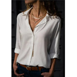 Spring Autumn Sexy Deep V Neck Chiffon Long Sleeve Ladies Work Shirts Casual Slim Button Women's Blouse White Solid