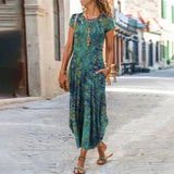 Flower Dress Women O Neck Pocket Summer Casual Dresses For Women Loose Long Dress Plus Size Ladies Vacation Party