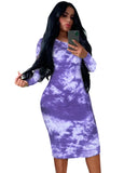 Tie Dye Print Round Neck Long Sleeve Slim Midi