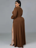 Romantic V-neck Full Sleeves Solid Slit Maxi Plus Size Long