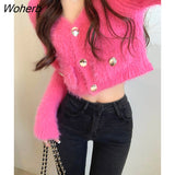 Winter Fur Knitted Cardigan Women Pure Color Button Long Sleeve Y2k Crop Tops Office Lady Chic Korean Fashion Sweater Coats-Outfit