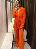 Women Fashion Solid Lace Up Blazer Set Chic Lapel Long Sleeved High Waist Pants Suit 2023 Spring Office Ladies Elegant Outfits-Outfit