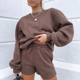 Embroidery Women Loose Casual Sweatshirt Fleece Pullovers And Drawstring Shorts Two Pieces Set 2021 New Thick
