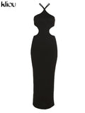 Kliou Ribbed Lace up Maxi Dress Women Sexy Solid Sleeveless Backless Body-Shaping Cut Out Skirt Party Clubwear Female