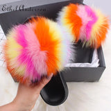 ANERSON Real Fox Raccoon Fur Slippers for Women Fur Slides Flip Flops Beach Plush Fluffy Furry Designer Slippers