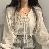Thin White Knit Cardigan Women Summer Sunscreen Lace-Up Knitwear Tops Woman 2023 Lantern Sleeve Cropped Sun Protected Top-Outfit