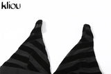Kliou Mesh Patchwork Two Piece Set Women Sexy Solid Deep V-Neck Crop Tops+ See Through High Waist Skinny Female Matching