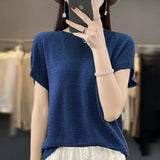 Woherb Line Of Clothing Worsted Short Sleeve Female Round Collar Loose Thin Bat Sleeve Vest Shirt Hollow Out Outside The Hair-Outfit