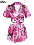 Kliou Camouflage Print Two Piece Set Women Summer Hot Beach Notched Sexy Cleavage Female Tops+Casual Lace Up Silky Skinny