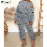 Elegant Cutout Holed Women's Set Long Sleeve T-shirt and Jogger Pants Active Fashion Tracksuit Two 2 Piece Set Outfits-Outfit
