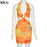 Kliou Tie Dry Two Piece Set Women 2021 Sexy Halter Sequined Beachwear Cleavage Crop Top+Mini Skirt Suit Female платье