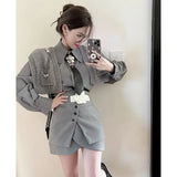 Grey Shirts + Skirt + Tie + Vest Suit Female 2022 Spring Dress Ladies Knitted Vests Layered Shirt Royal Sister Three-piece