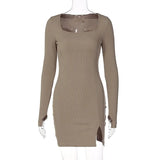 Green Solid Ribbed Long Sleeves Square Neck Mini Dress 2021 Fall Bodycon Sexy Party Club Elegant