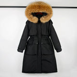 Large Natural Raccoon Fur Hooded Long Down Coat Women Winter 90% Duck Down Parkas Female Thickness Sash Tie Up Jackets-Outfit