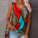 2021 Summer Fashion Colorful Print Shirt Women Shirts Elegant O-Neck Sleeveless Patchwork Tops Female Casual Loose Blusa