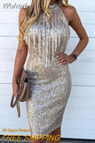 Women Slim Sequins Sleeveless Tassel Design Halter Neck High Waist Mini Dress Knee Length Bodycon Dress Party Evening-Outfit