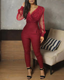 Women Fashion Sheer Mesh Long Sleeve Jumpsuits One-Piece Outfit V Neck Glitter Ruched Wrap