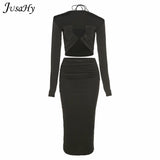 Spring Autumn Solid Black Two Pieces Set Women Long Sleeves Crop Top+High Waist Long Skirt Outfits Fashion Clothing