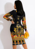 Print Ethic Deep-V Puff Sleeve Elegant Midi