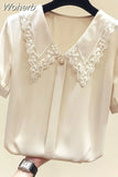 Women Casual Solid Loose Short Sleeve Chic Chiffon Shirt 2023 Summer Fashion Clothes Lace Patchwork All-match Sweet Blouses Tops 1028-0-Outfit