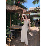 Hot Girl Sexy Show Thin Collar Dew Back Strap Hanging Neck Condole Belt Pleated Seaside Photo Comfortable Dress-Outfit