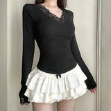 Woherb Pure Desire Sexy Wind Lace Splicing Base Long-Sleeved T-Shirt V-Neck Pure Color Slim Slim Joker Top-Outfit