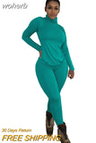 Wear Solid Autumn Tracksuit Women Casual Turtleneck Long Sleeve Pullover Top and Pants Slim Two Piece Set Basic Outfits-Outfit