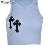 Puss Ribbed Cross Tank Top Y2K Women Solid Round Neck Navel Sexy Camisole Stretchy Skinny Street Hot Girl Wild Clothing-Outfit