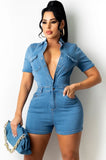 Casual Blue Button Up Short Sleeves Denim Jeans