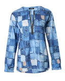 Look Print Zip Detail Long Sleeve Top Women Fashion Casual T Shirt-Outfit