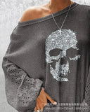 Women Loose Elastic Pullover T Shirt Glitter Skeleton Lantern Sleeve Top Tshirt Fashion Casual-Outfit