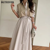 Autumn Casual Striped Fake 2 Pieces Women Dress Turn-down Collar Single-breasted Lace-up Female Loose A-line Dress-Outfit