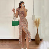 Elegant Off Shoulder Floral Print Dresses For Women 2023 Sexy Short Sleeve A-Line Split Midi Dress Party Dress Vestidos-Outfit