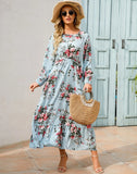 Autumn New Bohemian Floral Print Long Sleeve Waist Dress Women O Neck Loose Casual Beach Vestidos Holiday Robe Dresses-Outfit