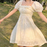 Dresses Women Floral Ruffles Square Collar Puff Sleeves High Waist Summer Casual Mini Korean Style Ulzzang Soft Daisy