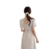 Woherb Chic Summer Retro Elegant V-Neck Hollow Back Strap Design Waist Show Thin Short-Sleeved Floral Dress-Outfit