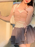 2 Piece Set Woman Pink Long Sleeve Fashion Tops Basic Casual Korean Style Blouse Design Kawaii Clothing 2023 Summer Chic-Outfit