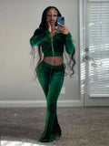 Kliou Solid Velour Two Piece Set Women Simple Casual Zipper Long Sleeve Turtleneck Top+Bandage Lace Slim Female Wide Leg